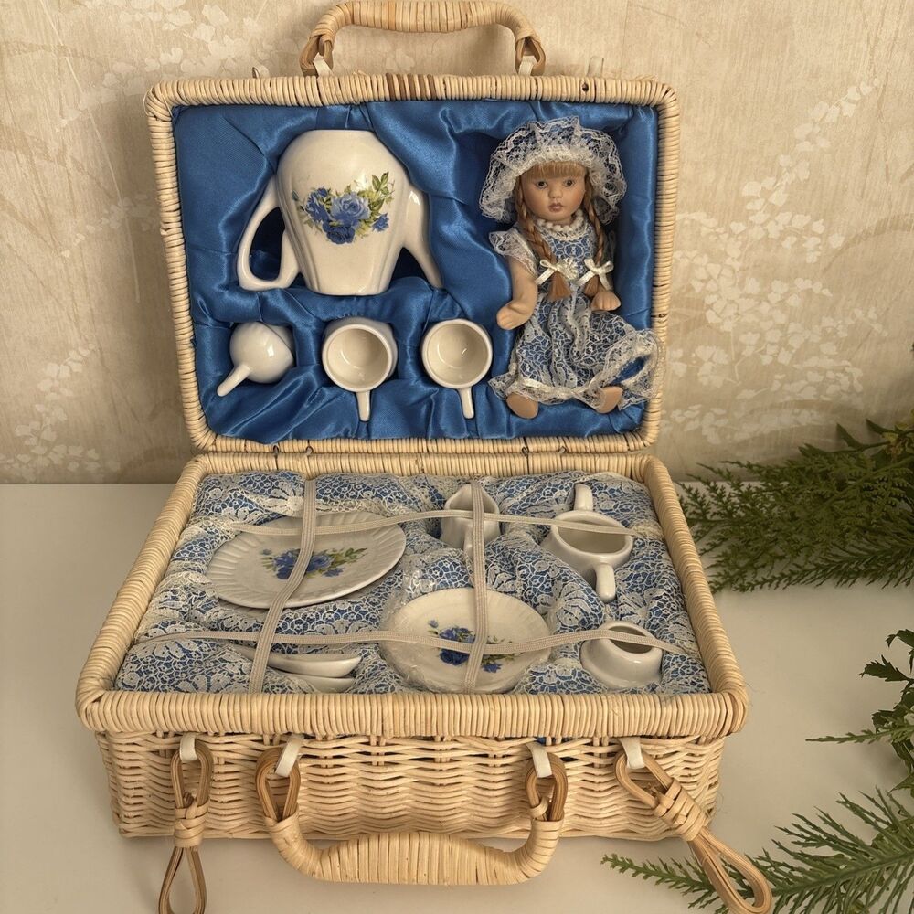 Vintage Porcelain Doll with Floral Tea Set in Picnic Basket 14 Pieces